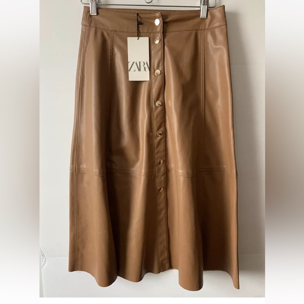 Zara Women’s Sz Small Brown Midi-skirt Faux Leather A line Skirt